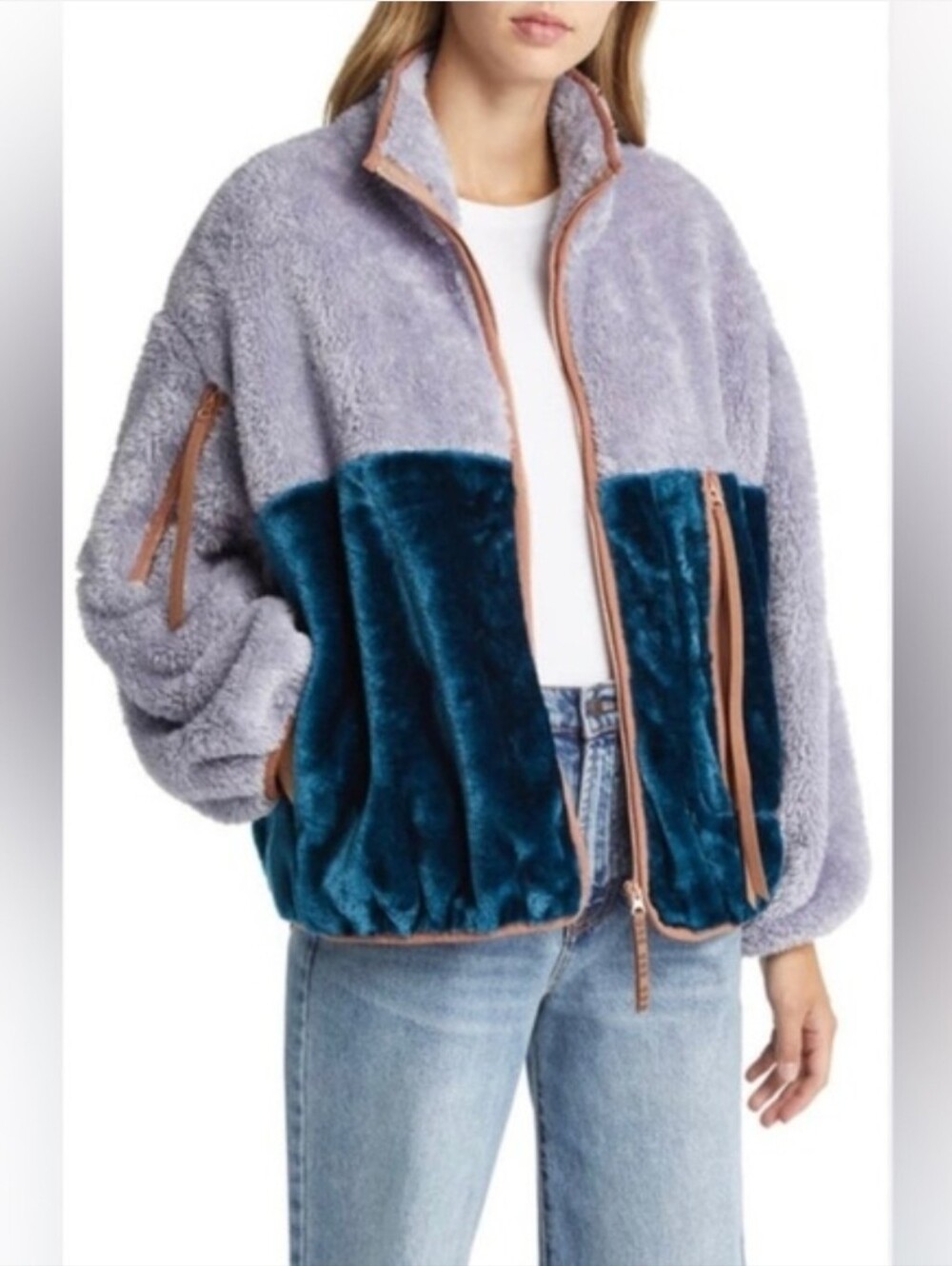 ​UGG Marlene Sherpa Jacket II Colorblock Purple Teal Small - Boxy Fit